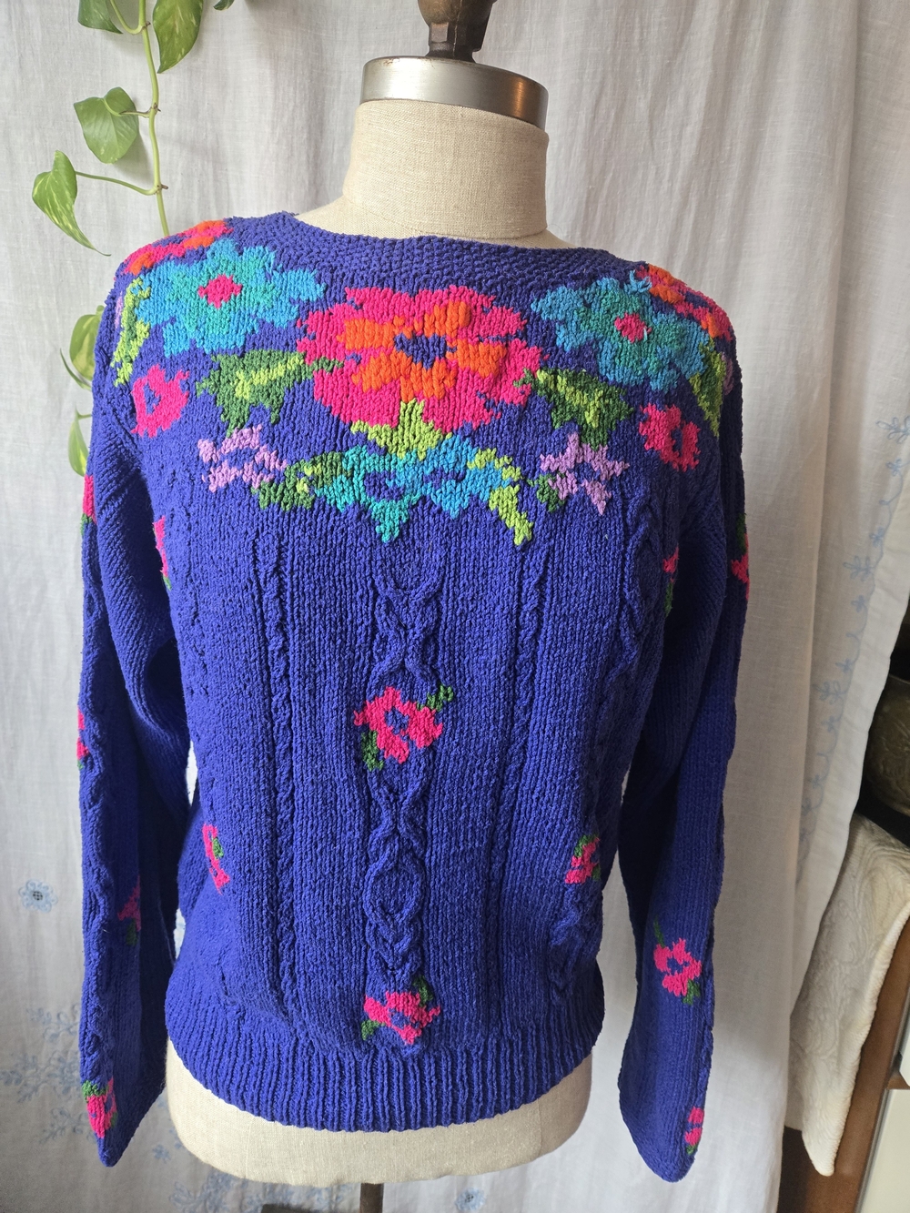 Vintage Liz Claiborne Purple Floral Handknitted Cable-Knit Sweater, Small